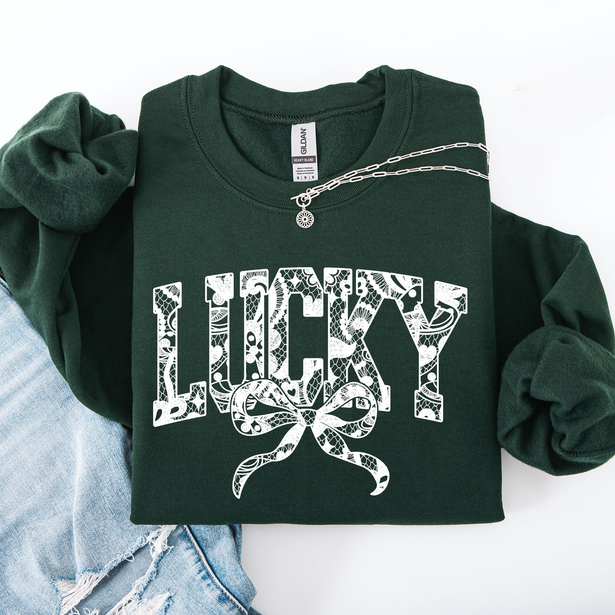 Lucky Lace Coquette Ribbon Leprechaun St Patrick's Day Shamrock Clover Sweatshirt