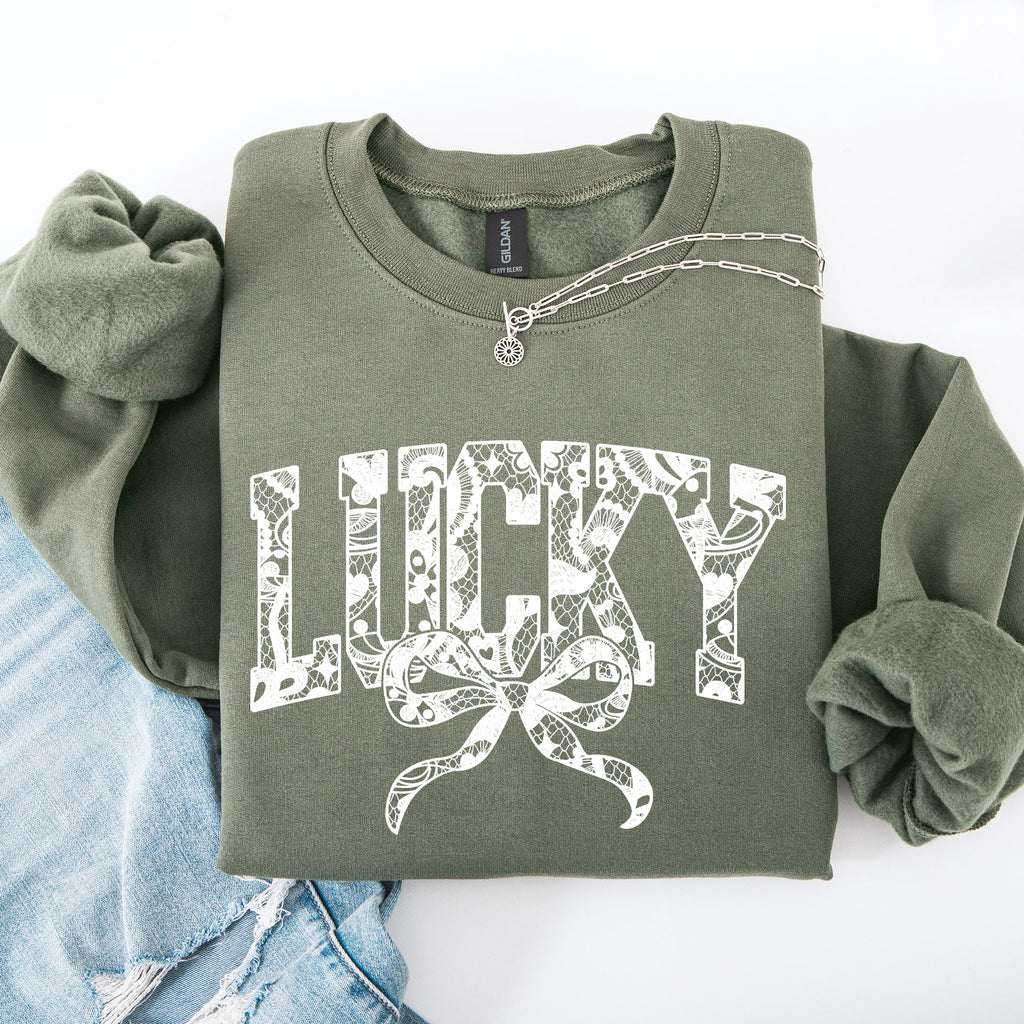 Lucky Lace Coquette Ribbon Leprechaun St Patrick's Day Shamrock Clover Sweatshirt