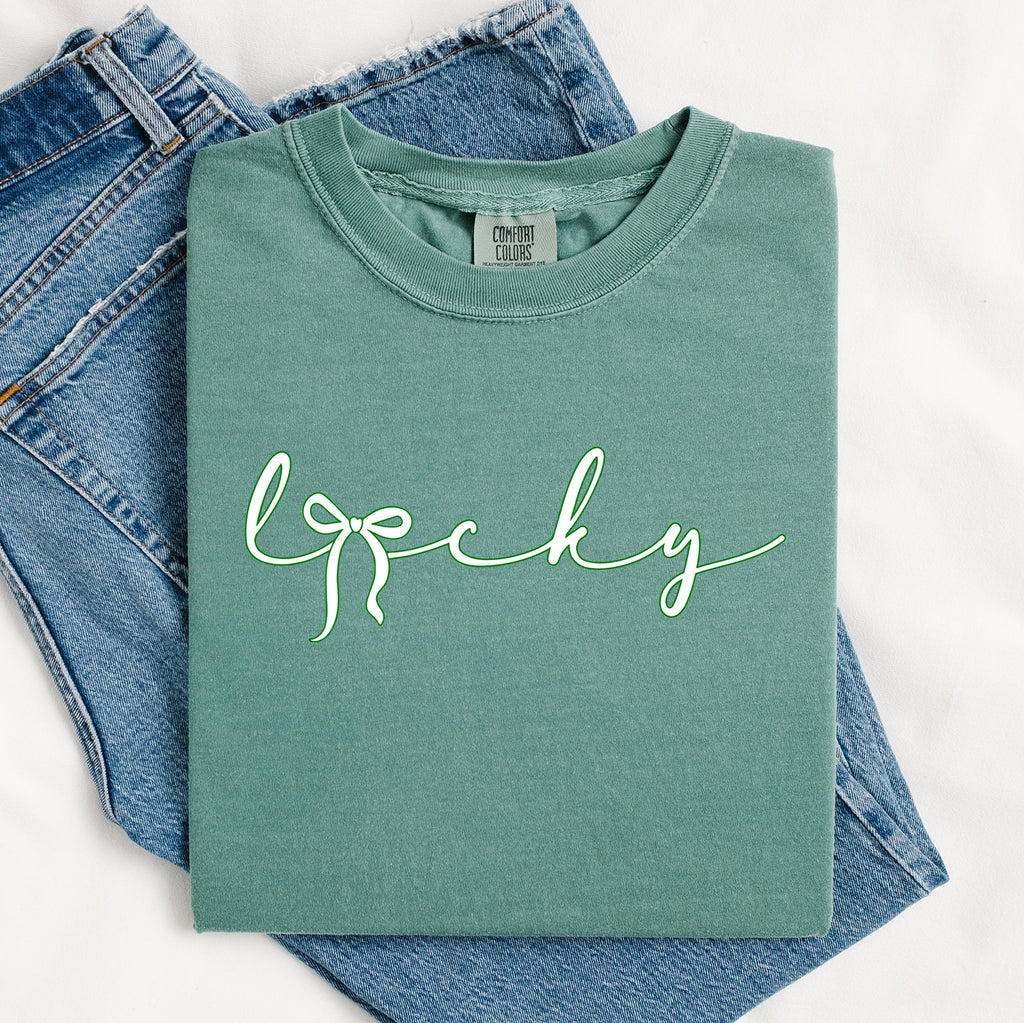 Lucky Ribbon Coquette Bow Leprechaun Shamrock Clover St Patrick's Day Comfort Colors Tee