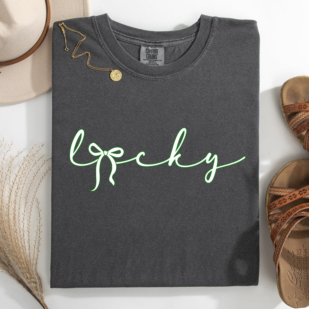 Lucky Ribbon Coquette Bow Leprechaun Shamrock Clover St Patrick's Day Comfort Colors Tee