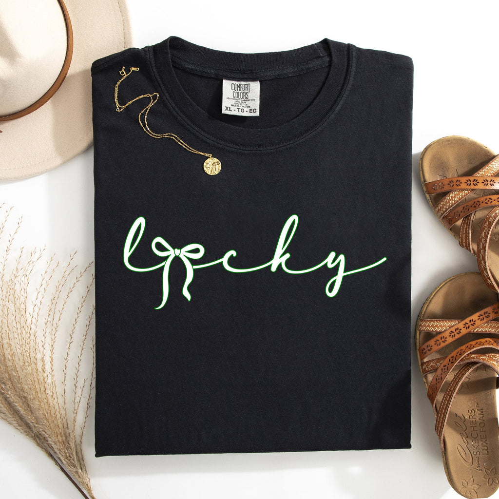 Lucky Ribbon Coquette Bow Leprechaun Shamrock Clover St Patrick's Day Comfort Colors Tee