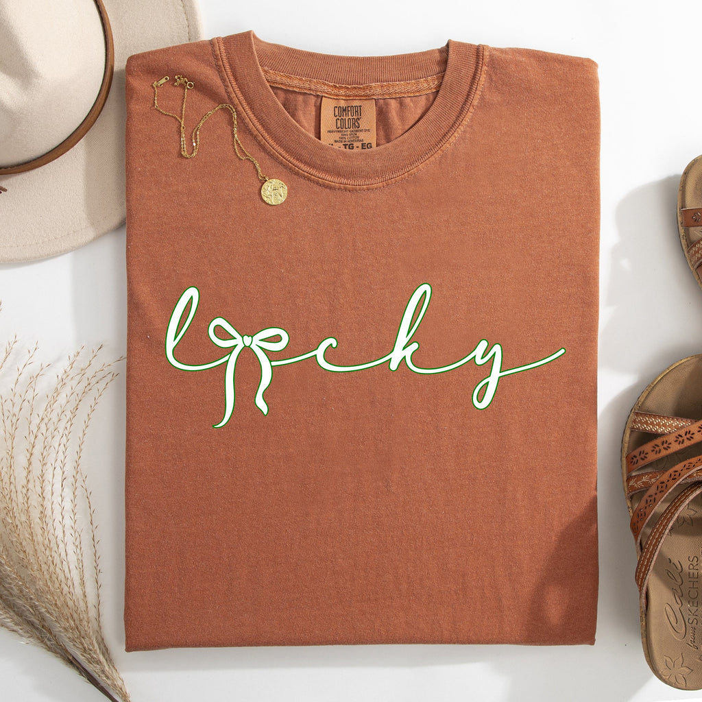 Lucky Ribbon Coquette Bow Leprechaun Shamrock Clover St Patrick's Day Comfort Colors Tee