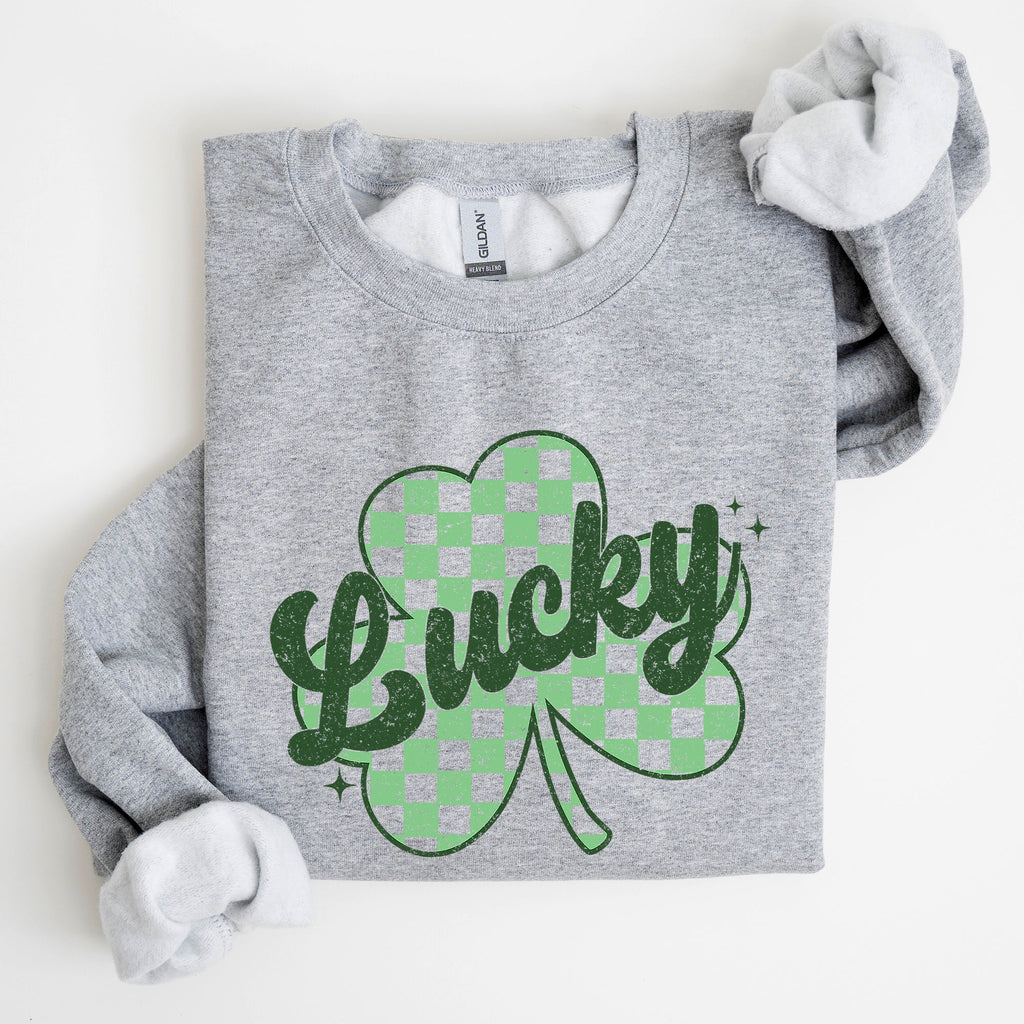 Lucky Shamrock Checker Print St Patrick's Day Holiday Festive Spirit Cozy Sweatshirt