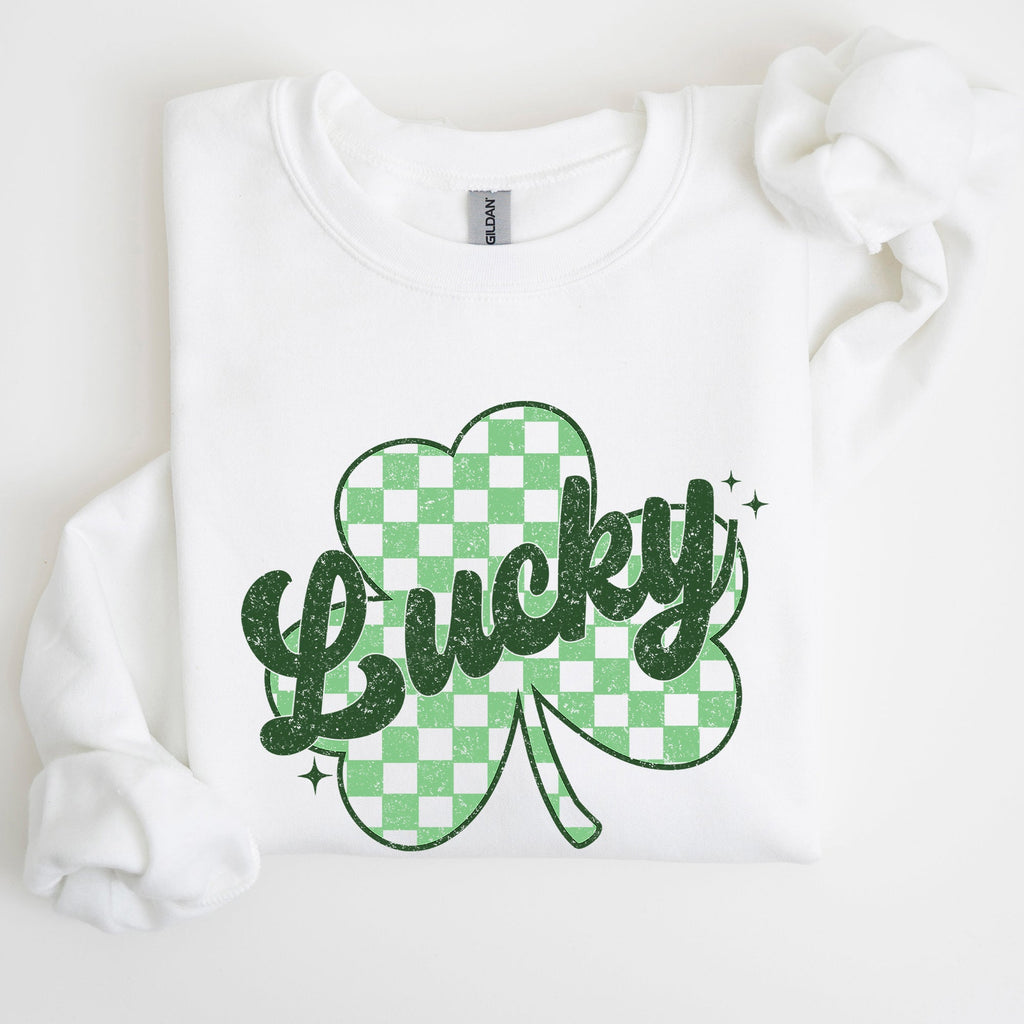 Lucky Shamrock Checker Print St Patrick's Day Holiday Festive Spirit Cozy Sweatshirt