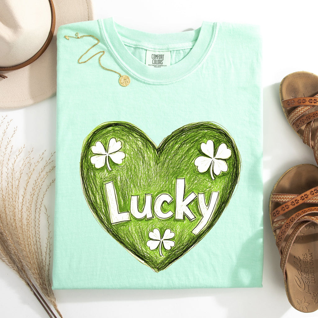 Lucky Sketched Heart St Patrick's Day Shamrock Clover Leprechaun Comfort Colors Tee