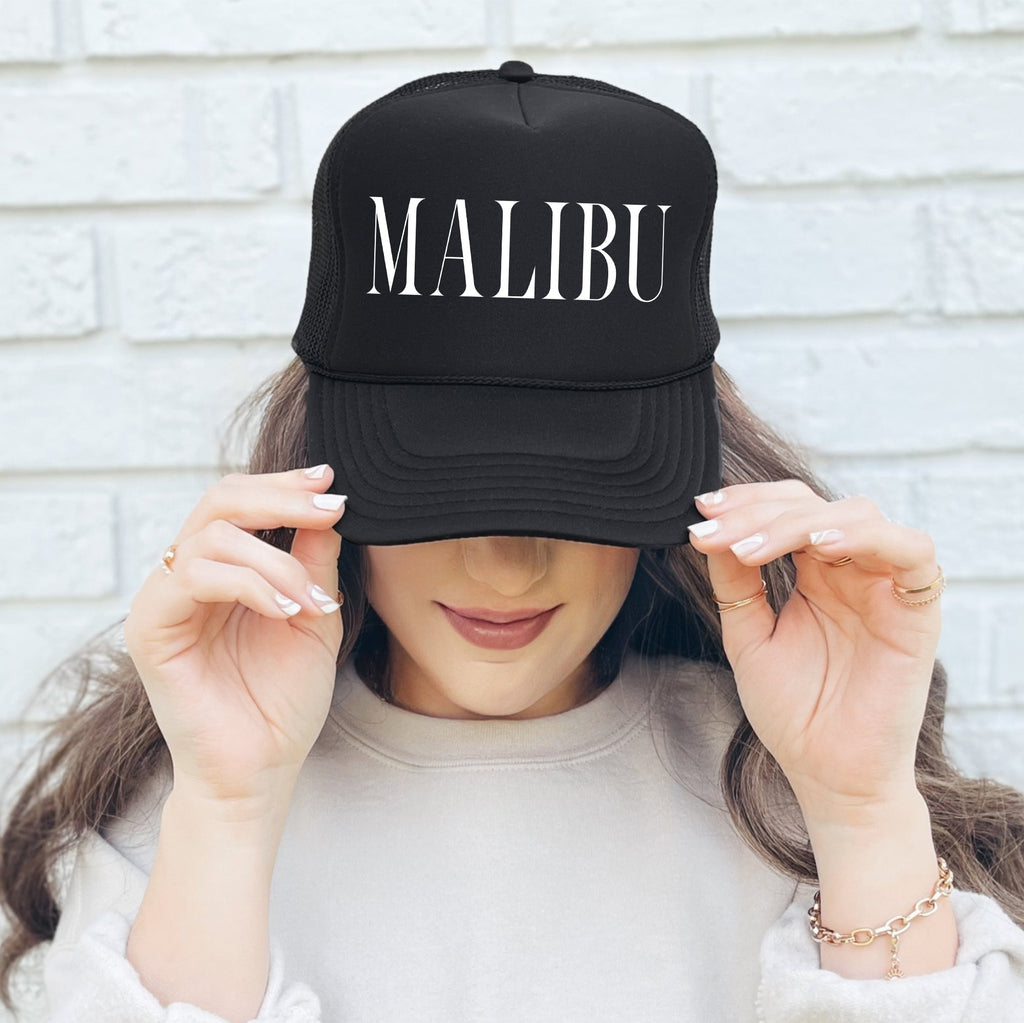 Malibu Sassy Funny Coastal Vibes Beachside Humor Sunshine Lovers Daydreamers Trucker Hat