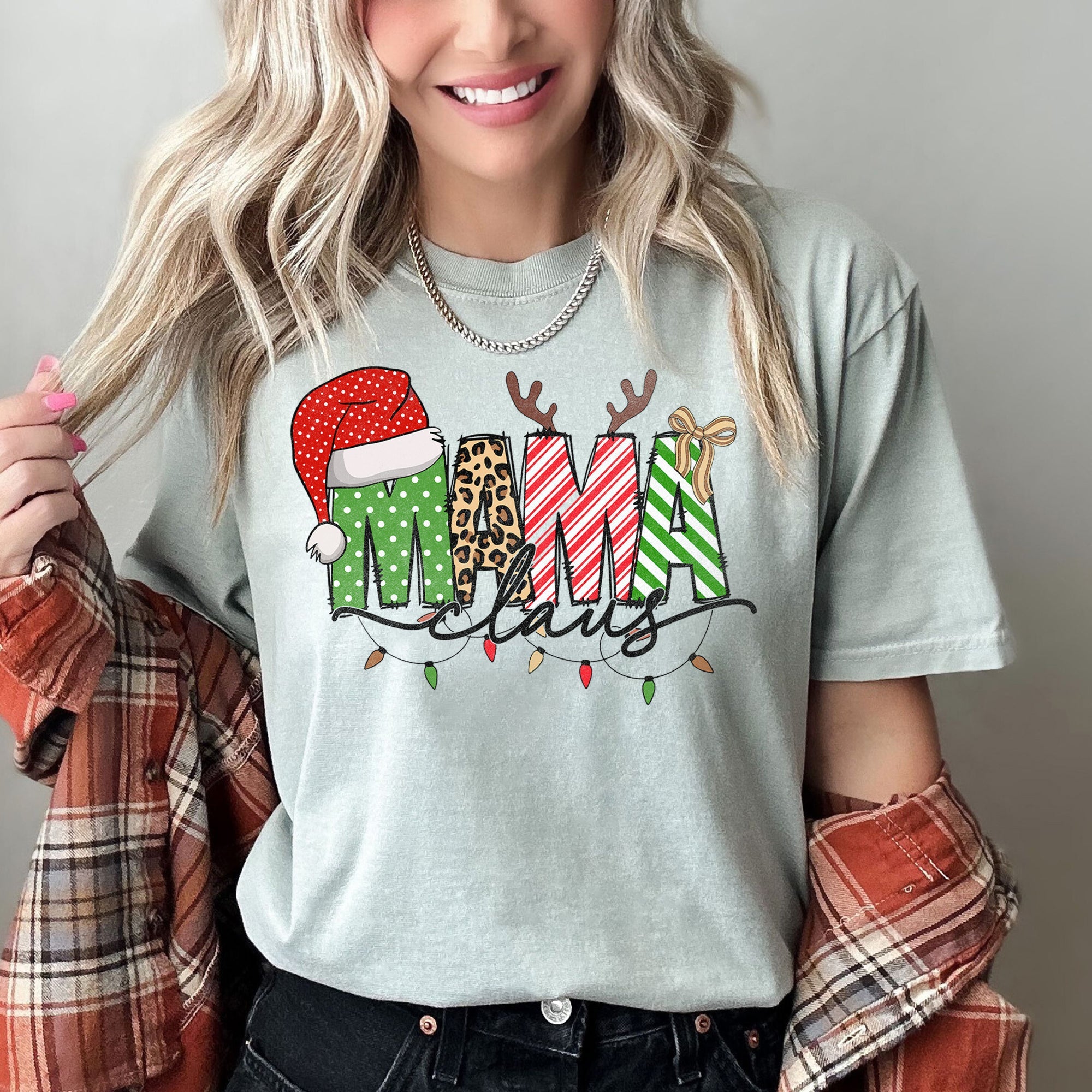 Mama Claus Santa Plaid Leopard Print Christmas Festive Pattern Comfort Colors Tee