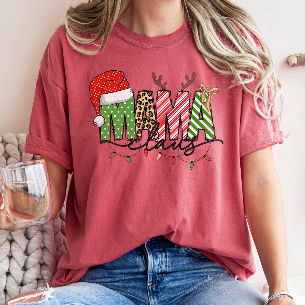 Mama Claus Santa Plaid Leopard Print Christmas Festive Pattern Comfort Colors Tee