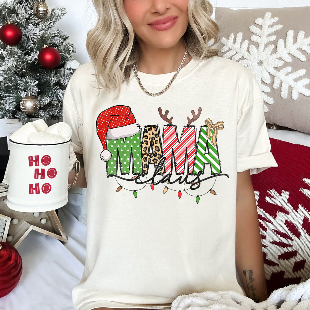 Mama Claus Santa Plaid Leopard Print Christmas Festive Pattern Comfort Colors Tee