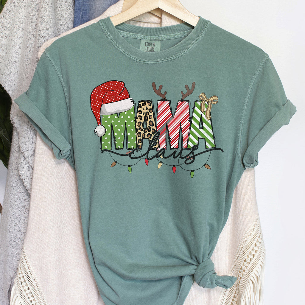 Mama Claus Santa Plaid Leopard Print Christmas Festive Pattern Comfort Colors Tee