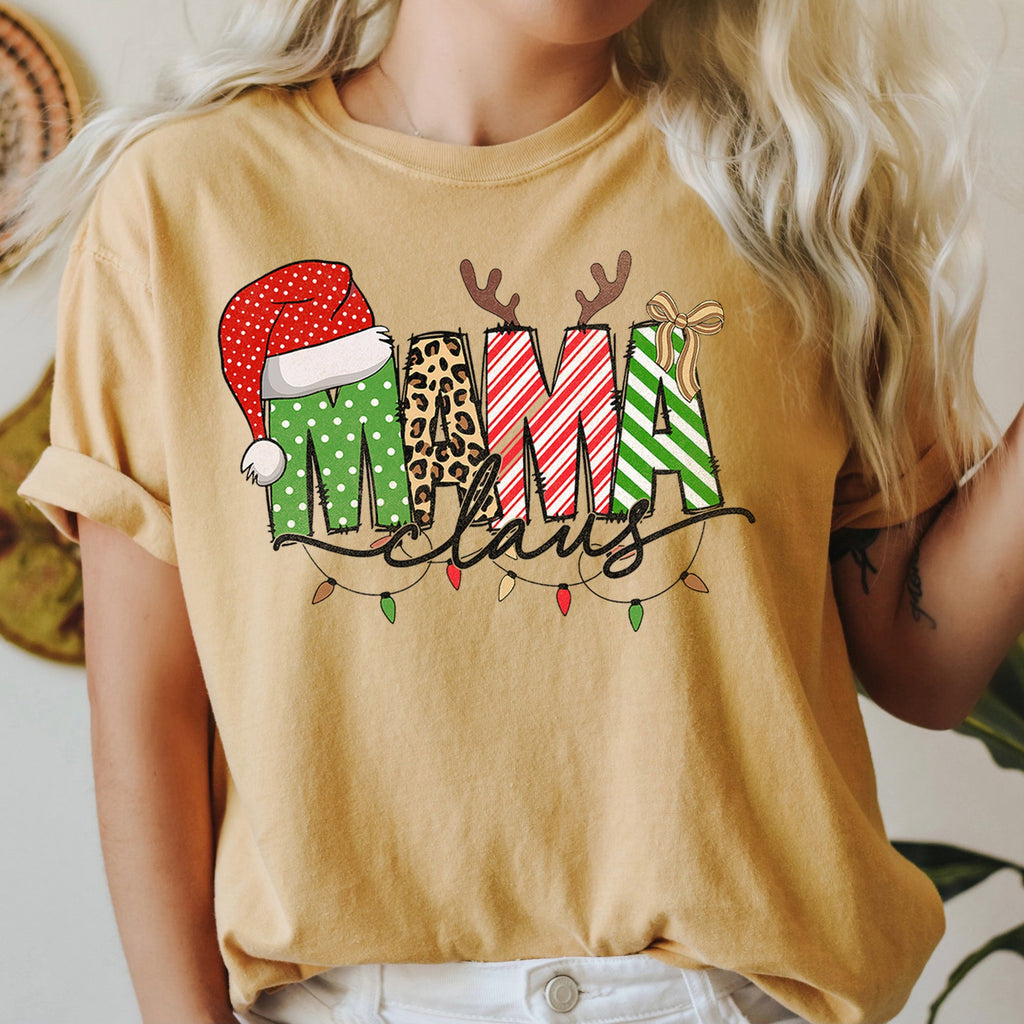 Mama Claus Santa Plaid Leopard Print Christmas Festive Pattern Comfort Colors Tee
