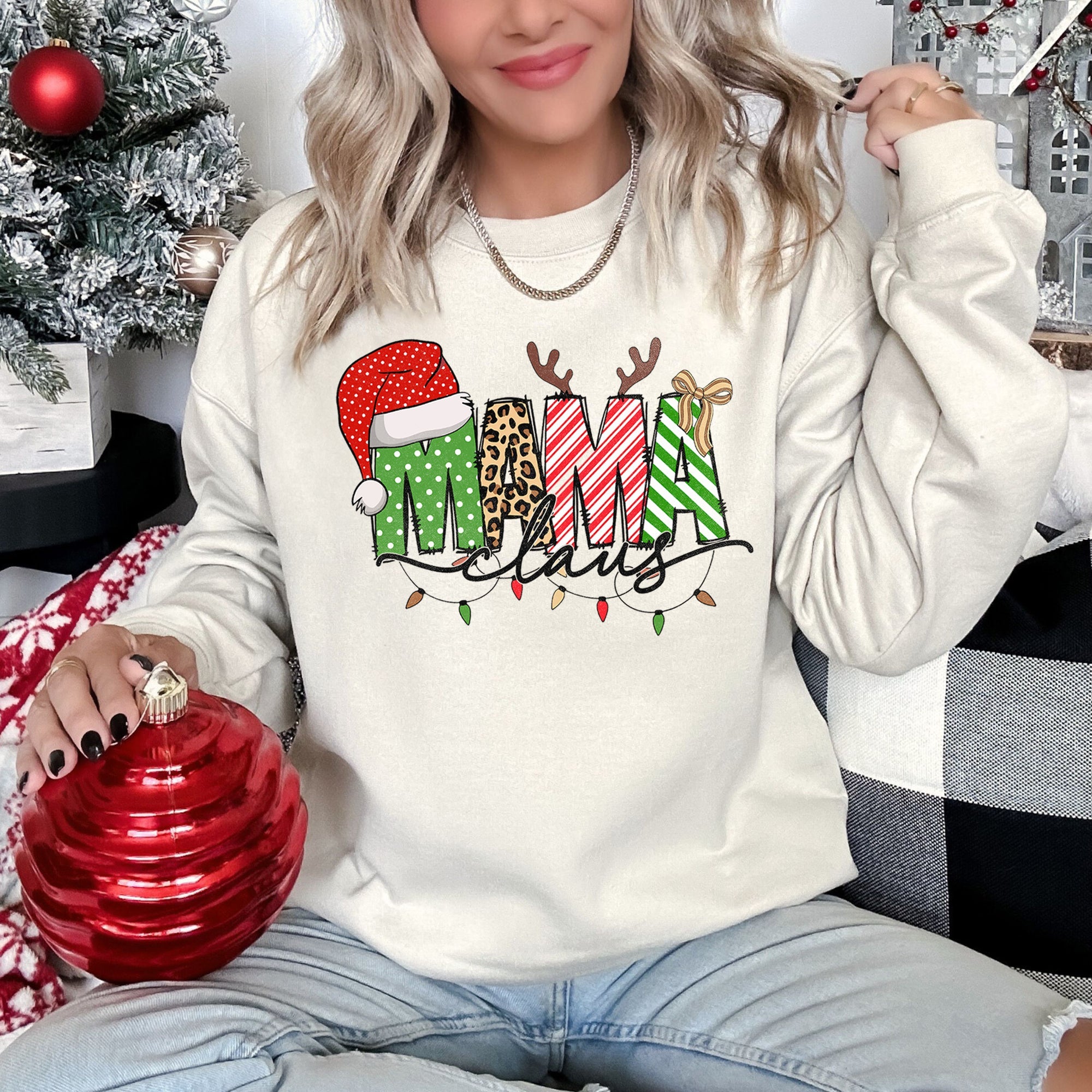 Mama Claus Santa Plaid Leopard Print Christmas Holiday Cheer Collection Sweatshirt