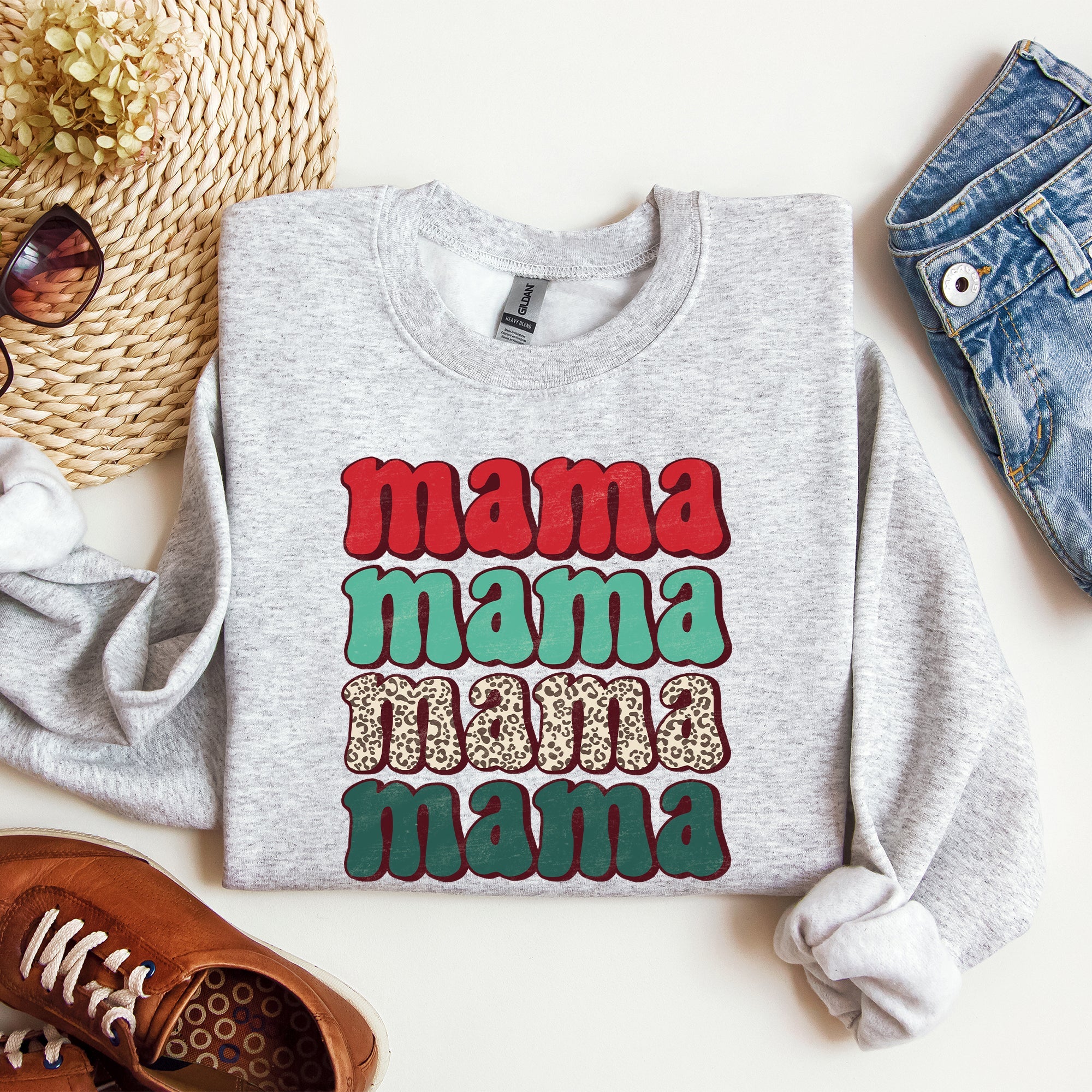 Mama Mama Mama Mama Christmas Xmas Leopard Print Santa Retro Winter Graphic Sweatshirt