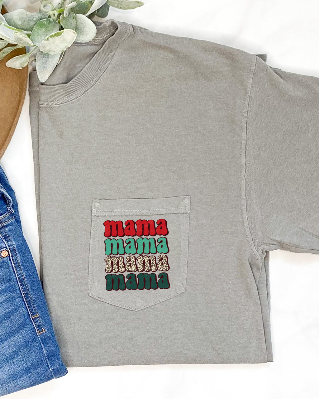 Mama Mama Mama Mama Christmas Pocket Leopard Print Red Green Winter Snow Xmas Comfort Colors Tee