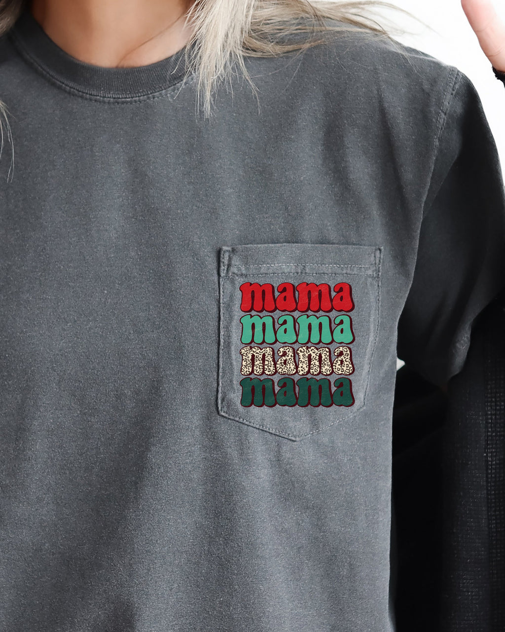 Mama Mama Mama Mama Christmas Pocket Leopard Print Red Green Winter Snow Xmas Comfort Colors Tee