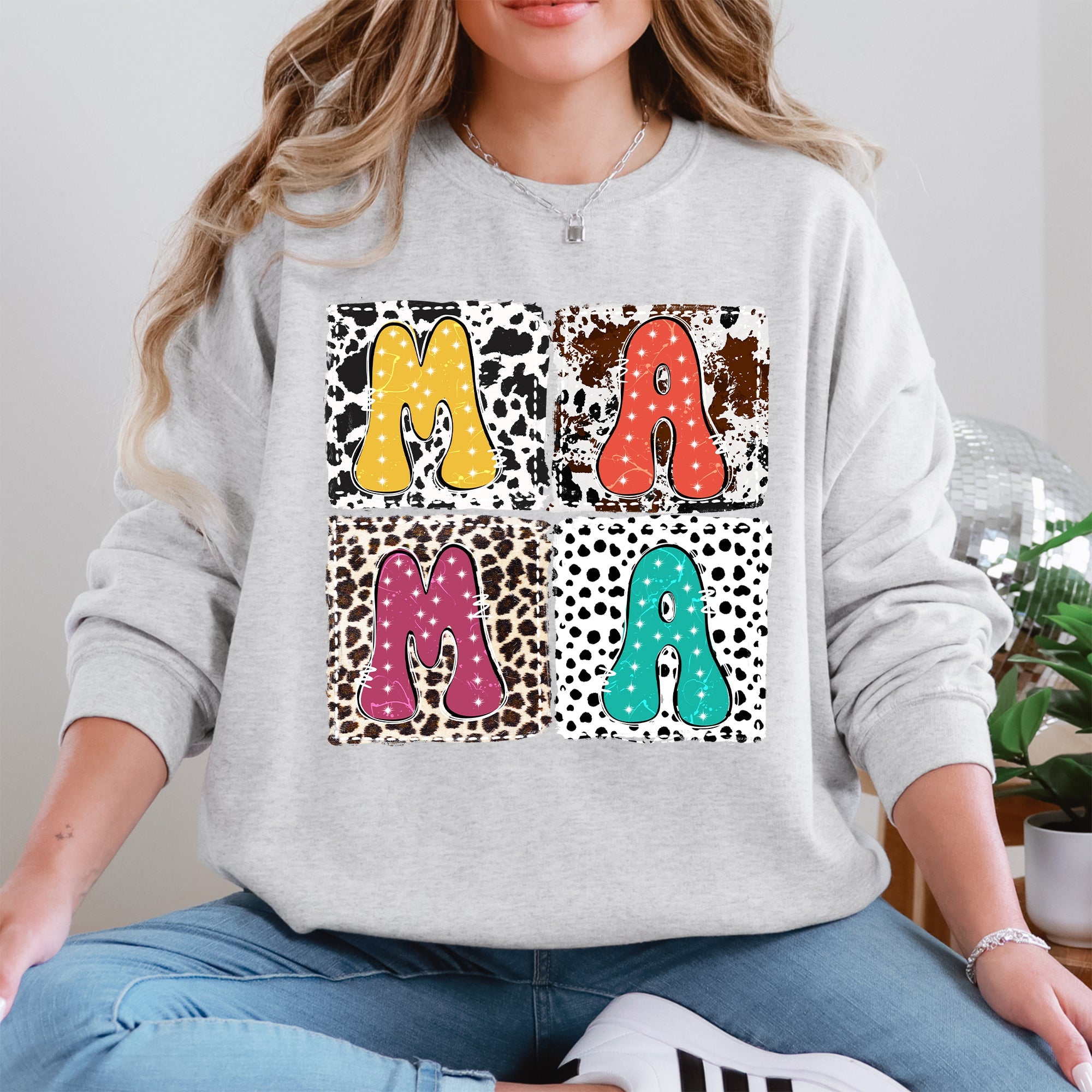 Mama Bold Animal Print Leopard Cow Dalmatian Retro Mother's Day Graphic Sweatshirt