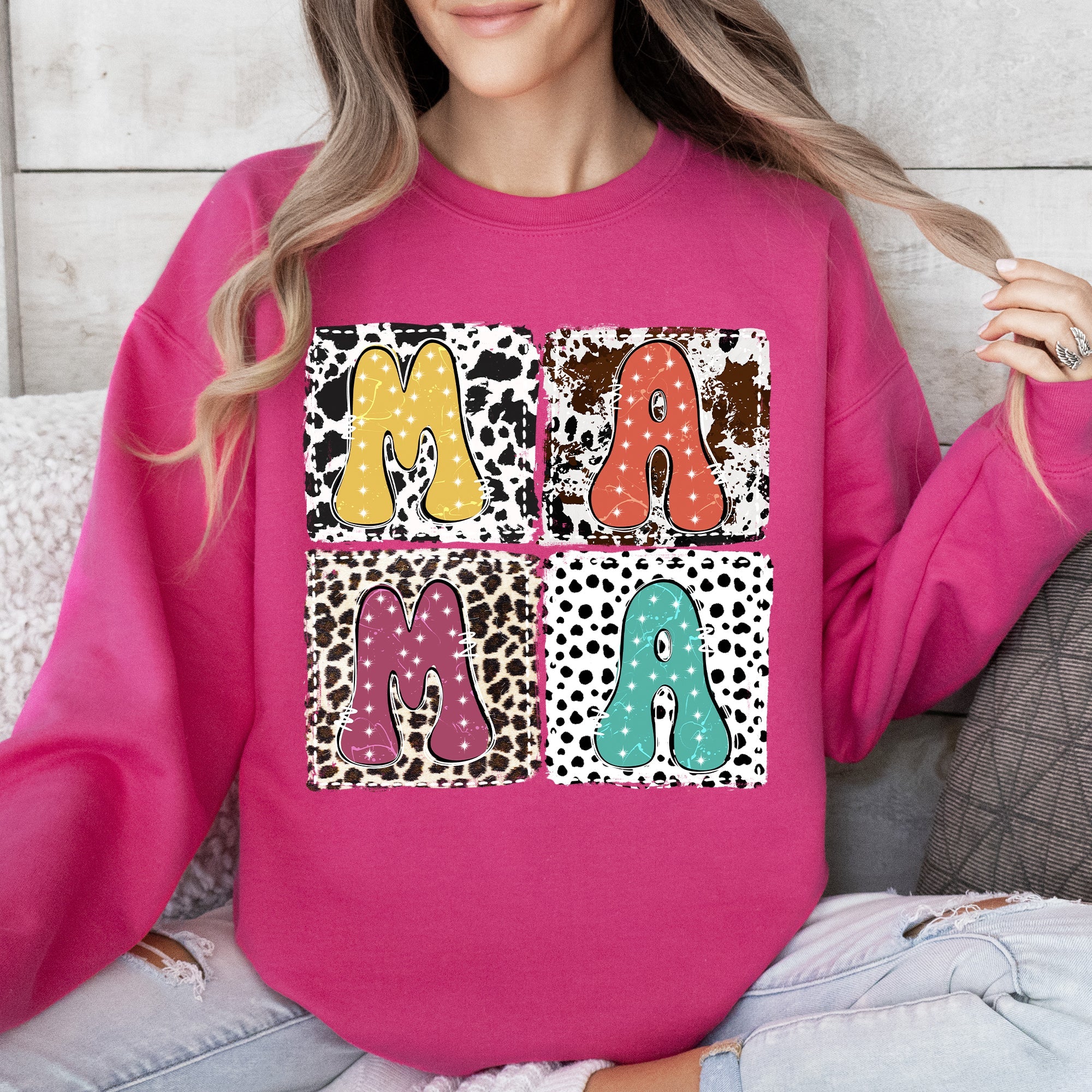 Mama Bold Animal Print Leopard Cow Dalmatian Retro Mother's Day Graphic Sweatshirt