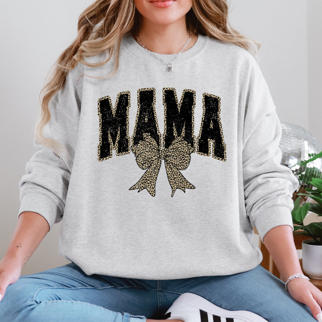 Uniquely Styled Mama Leopard Print Bow Ribbon Embellished Cozy Mother's Day Sweatshirt