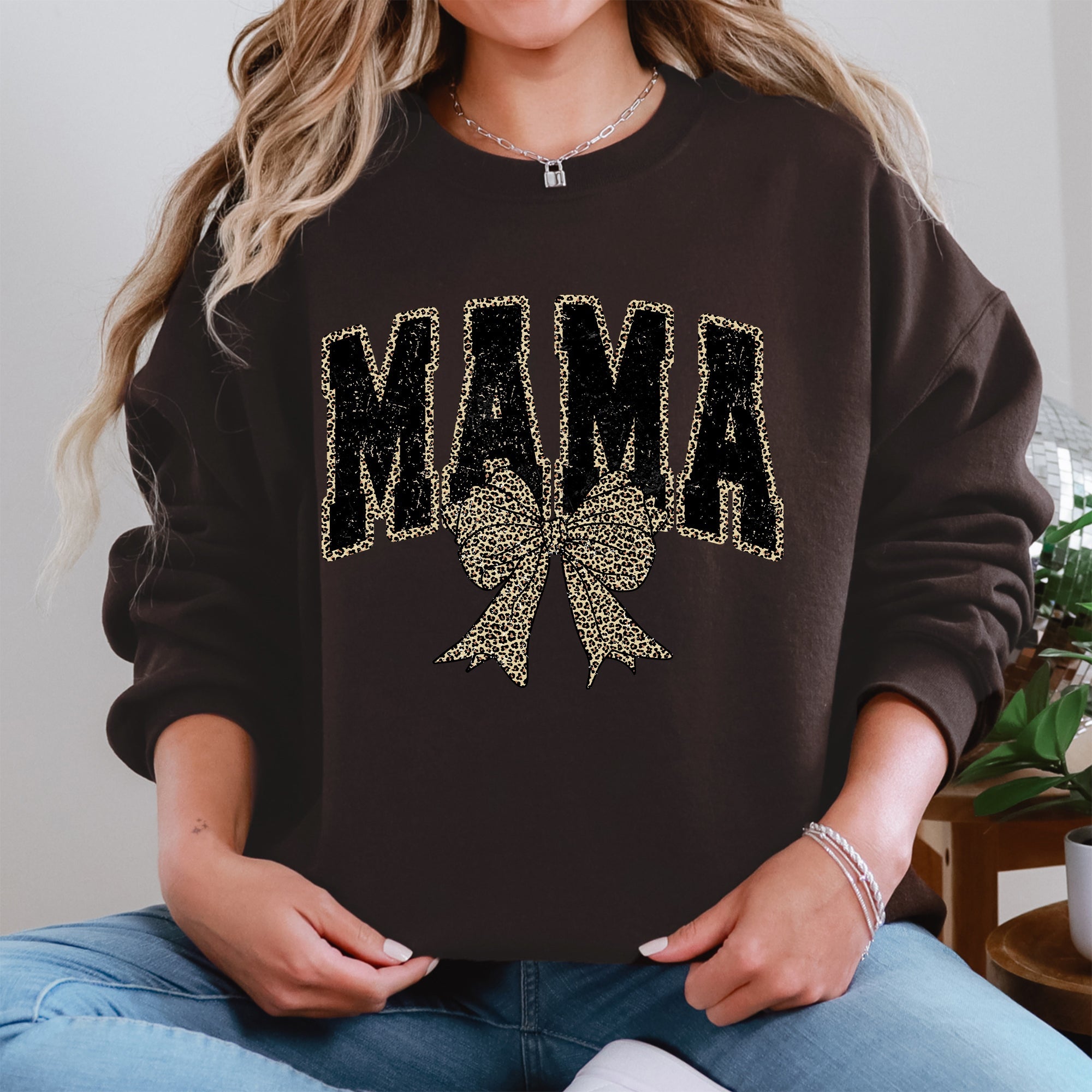 Uniquely Styled Mama Leopard Print Bow Ribbon Embellished Cozy Mother's Day Sweatshirt
