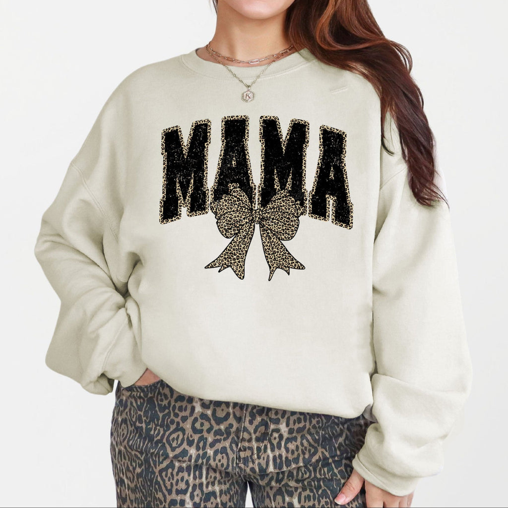 Uniquely Styled Mama Leopard Print Bow Ribbon Embellished Cozy Mother's Day Sweatshirt