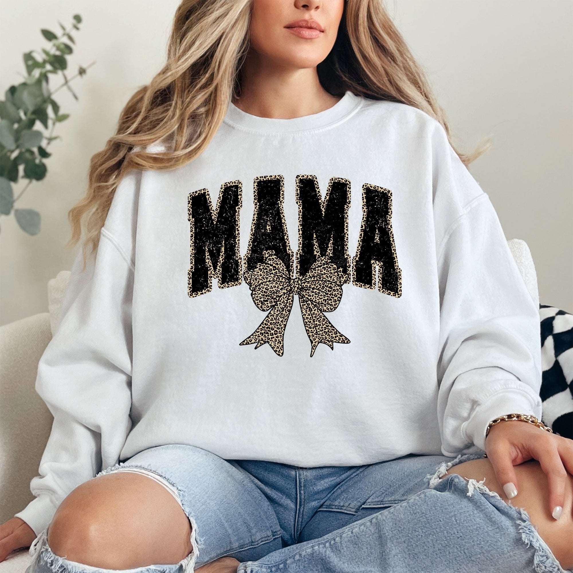 Uniquely Styled Mama Leopard Print Bow Ribbon Embellished Cozy Mother's Day Sweatshirt