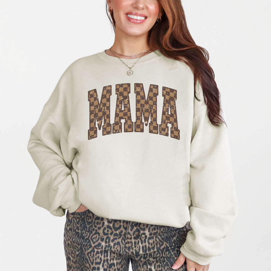 Mama Brown Checkered Retro Varsity Mother's Day Sweatshirt
