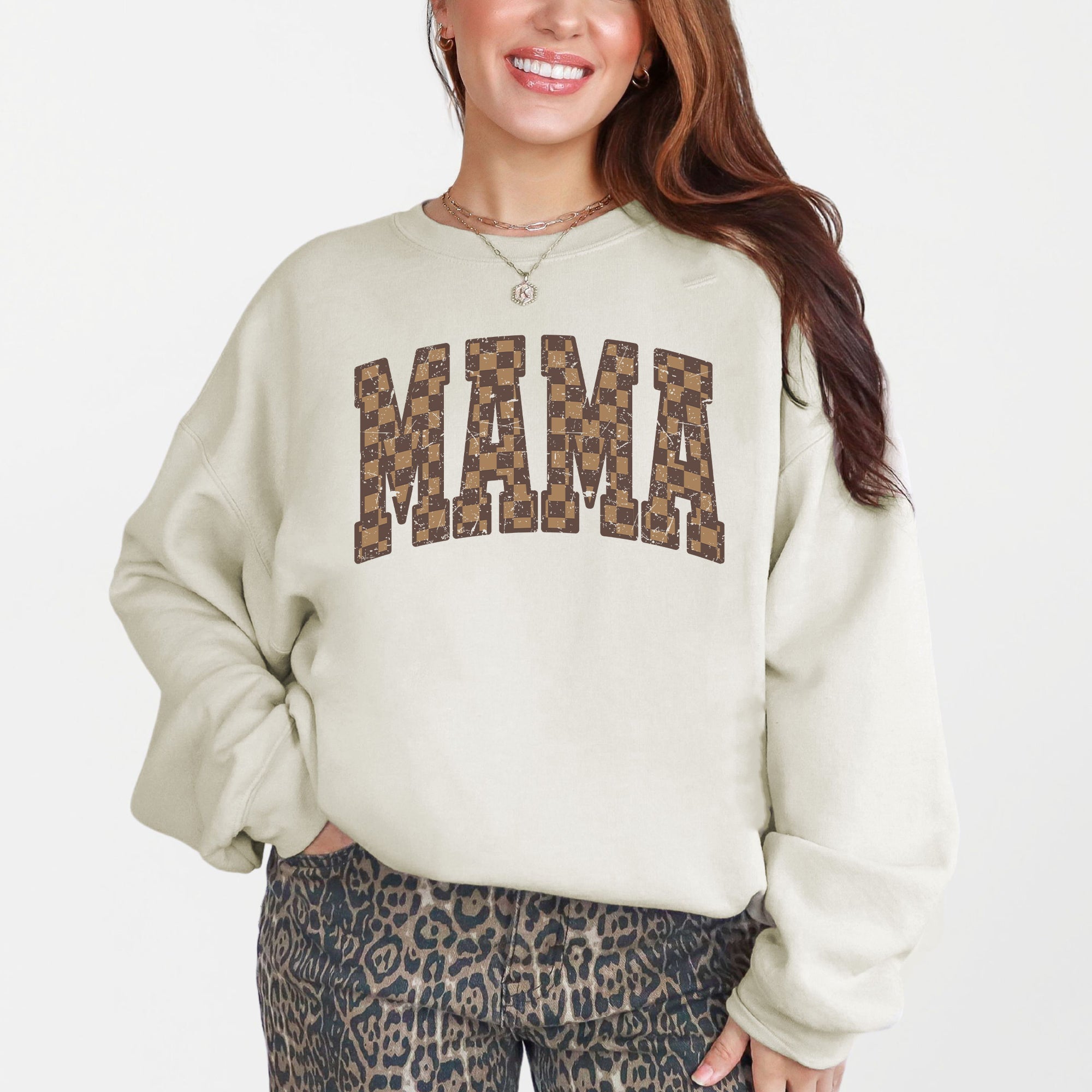 Mama Brown Checkered Retro Varsity Mother's Day Sweatshirt