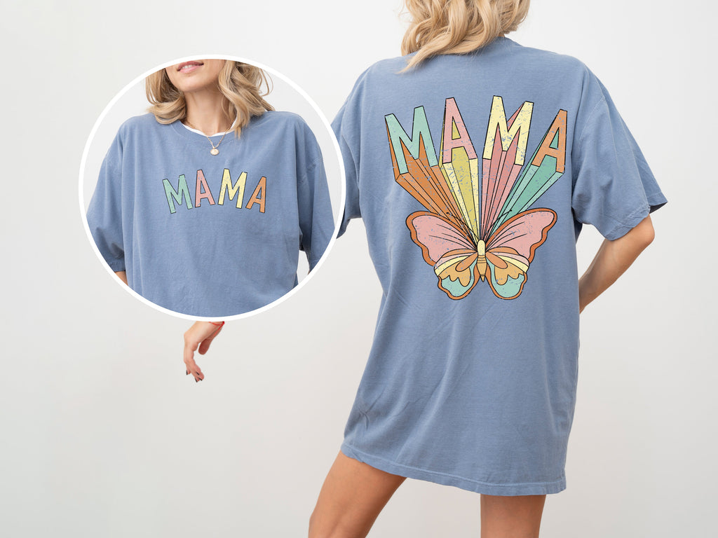 Mama Butterfly Colorful Mother's Day Front And Back Retro Psychedelic Vibe Comfort Colors Tee