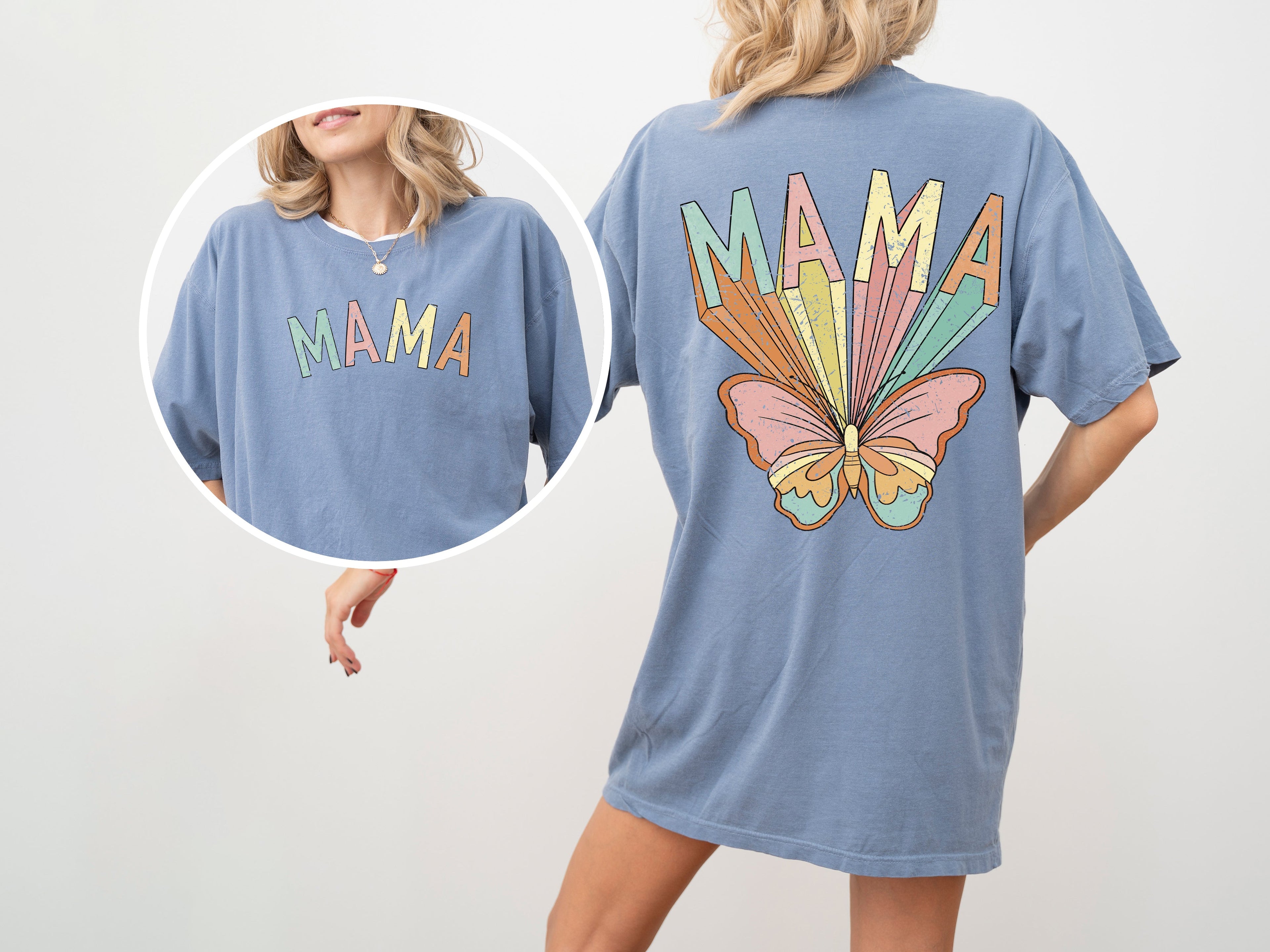 Mama Butterfly Colorful Mother's Day Front And Back Retro Psychedelic Vibe Comfort Colors Tee