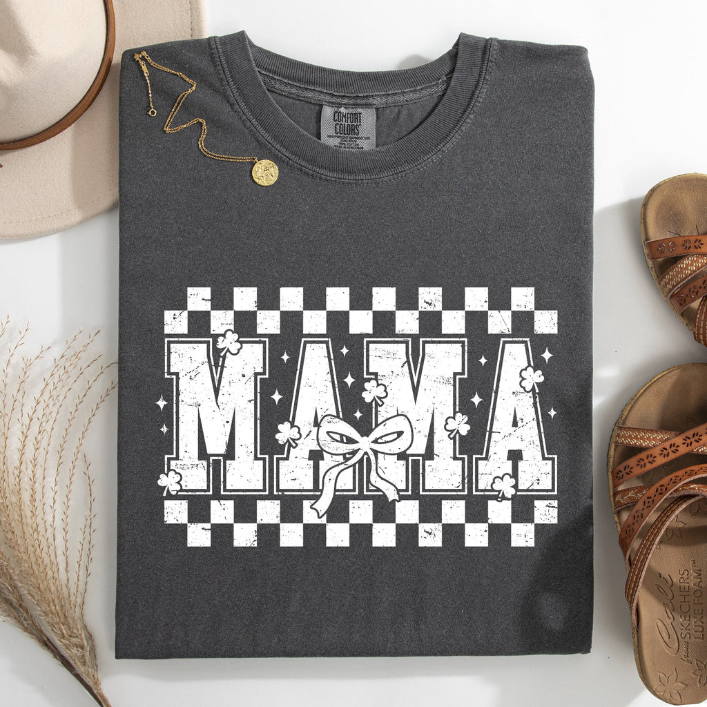 Mama Checkered Bow Ribbon St Patrick's Day Shamrock Clover Lucky Leprechaun Comfort Colors Tee