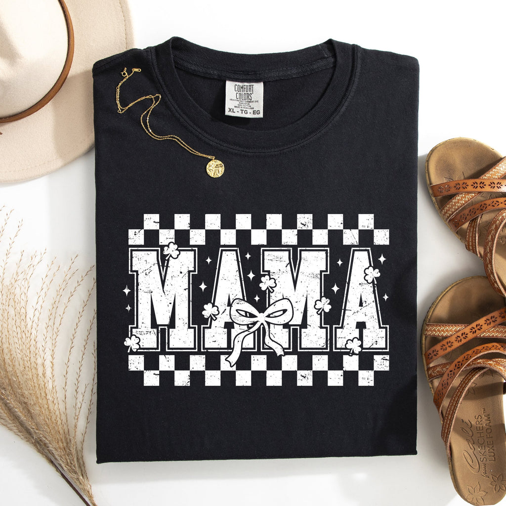 Mama Checkered Bow Ribbon St Patrick's Day Shamrock Clover Lucky Leprechaun Comfort Colors Tee