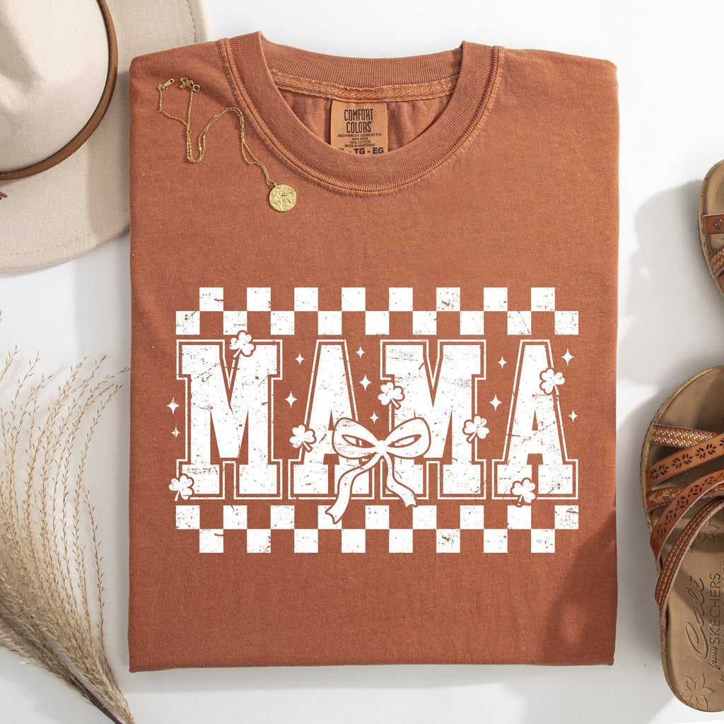 Mama Checkered Bow Ribbon St Patrick's Day Shamrock Clover Lucky Leprechaun Comfort Colors Tee