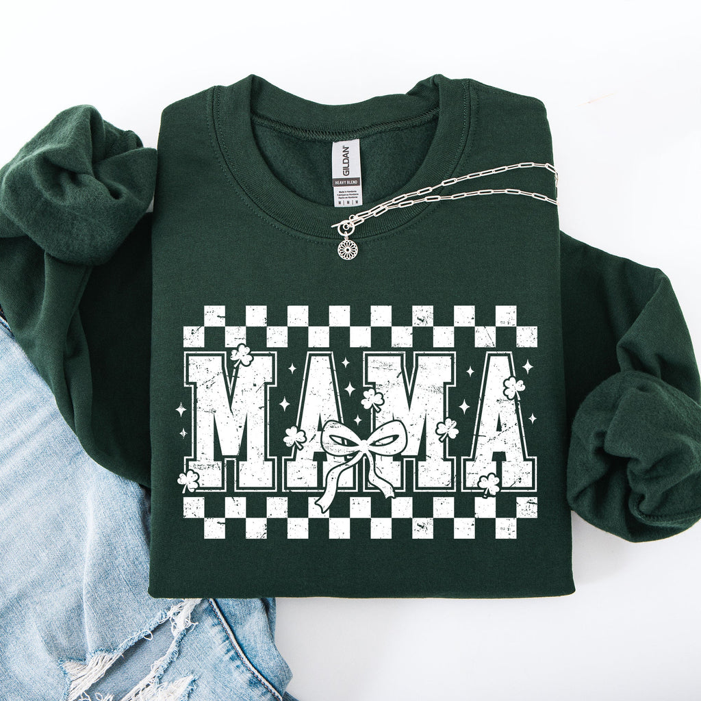 Mama Checkered Bow Ribbon St Patrick's Day Shamrock Clover Leprechaun Sweatshirt