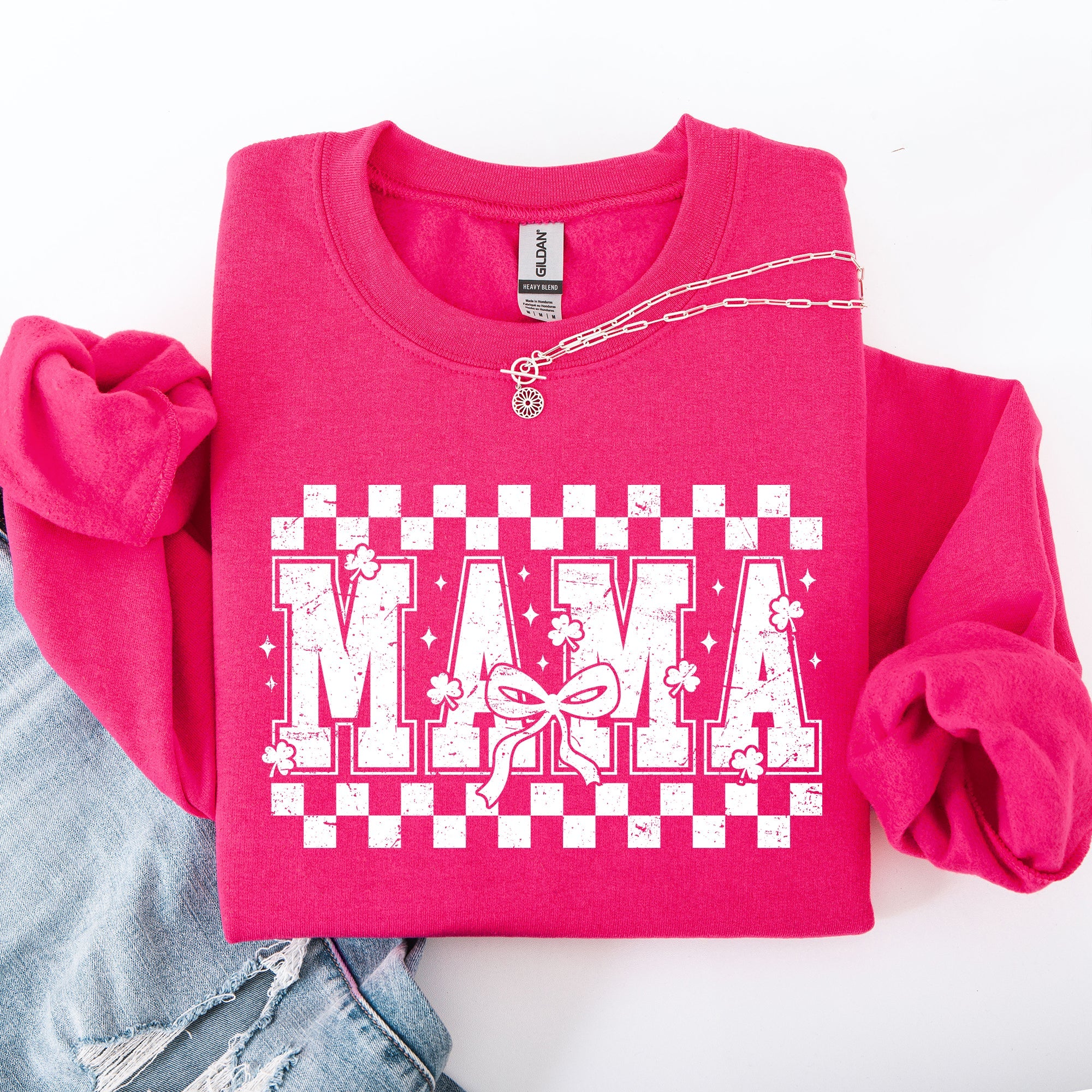 Mama Checkered Bow Ribbon St Patrick's Day Shamrock Clover Leprechaun Sweatshirt