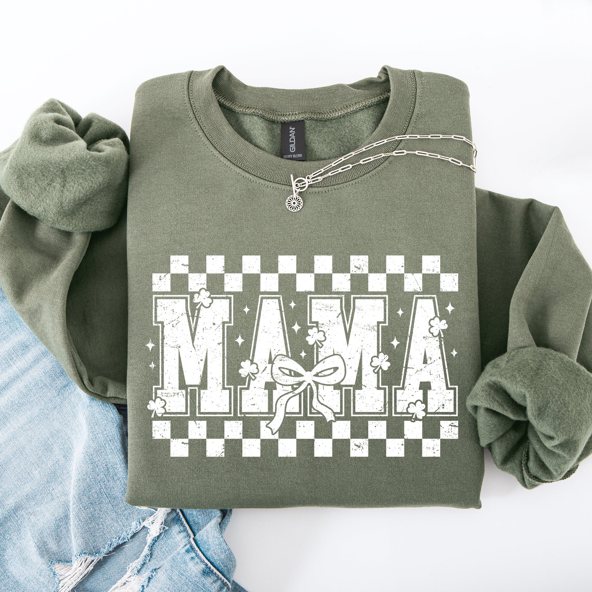Mama Checkered Bow Ribbon St Patrick's Day Shamrock Clover Leprechaun Sweatshirt