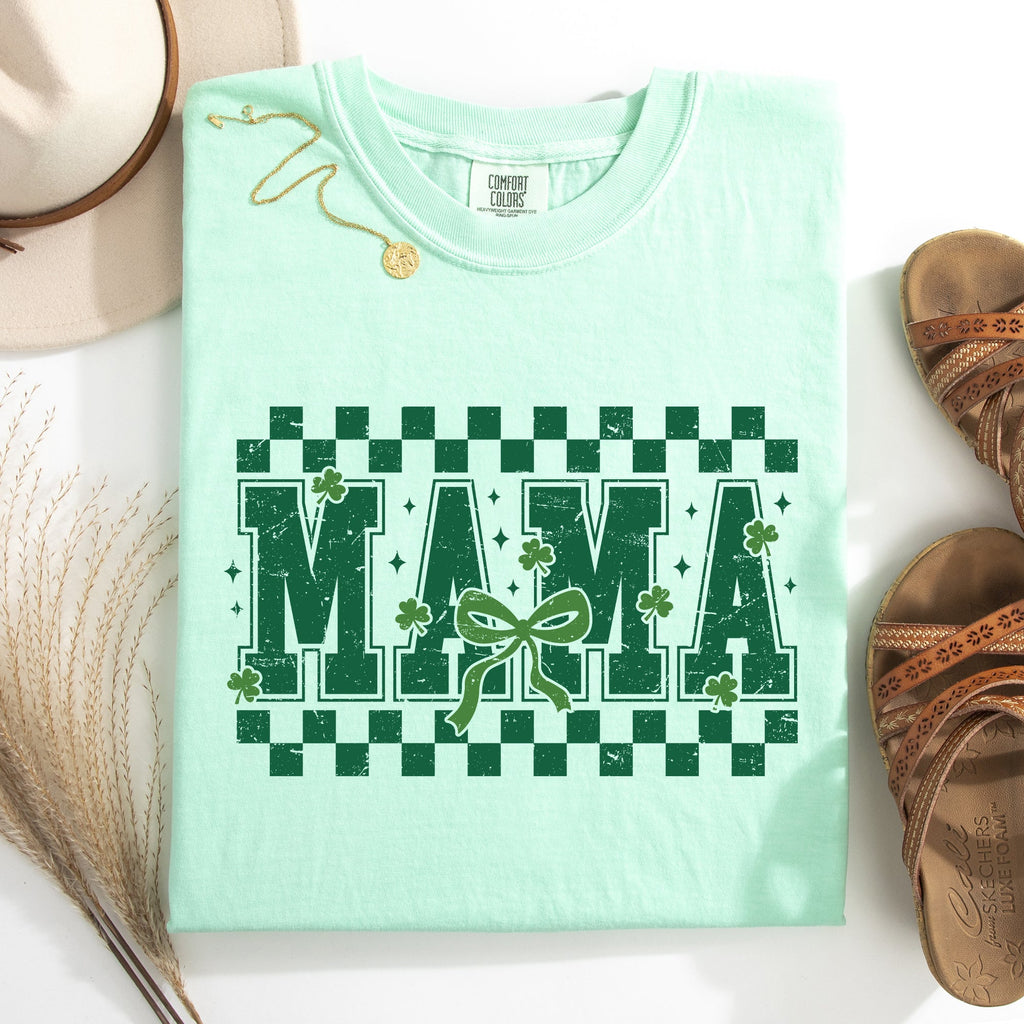 Mama Checkered Bow Ribbon St Patrick's Day Shamrock Clover Lucky Leprechaun Comfort Colors Tee