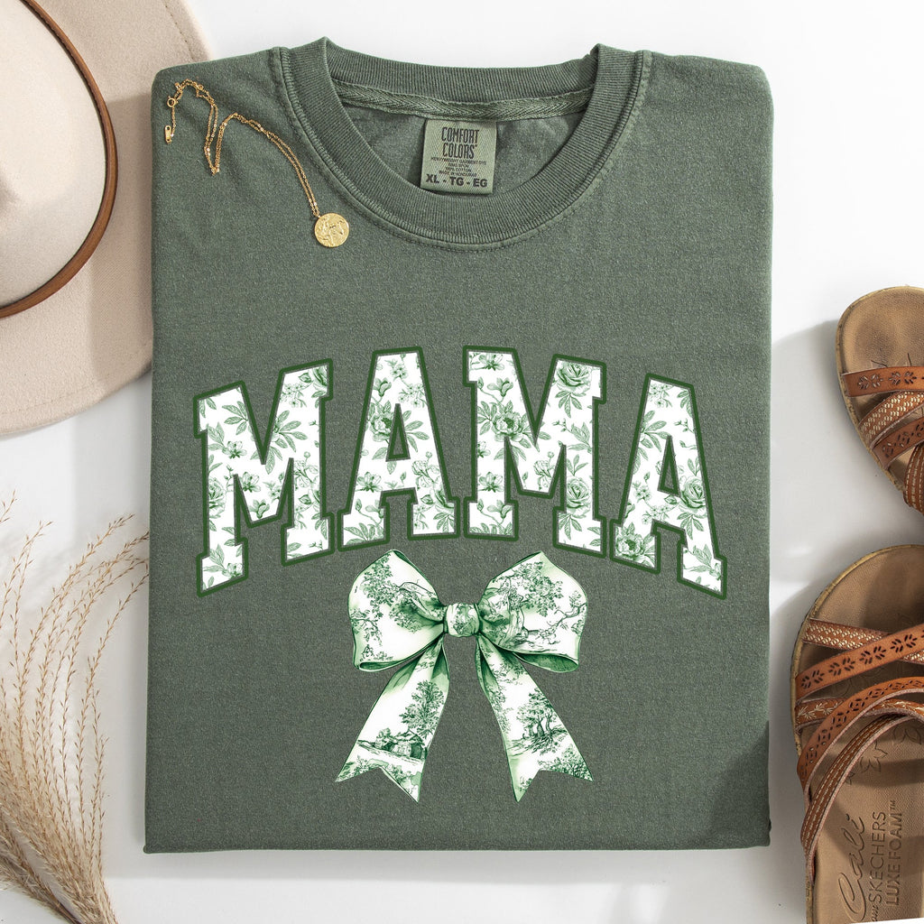 Mama Chinoiserie Coquette Bow Ribbon St Patrick's Day Shamrock Clover Lucky Leprechaun Comfort Colors Tee