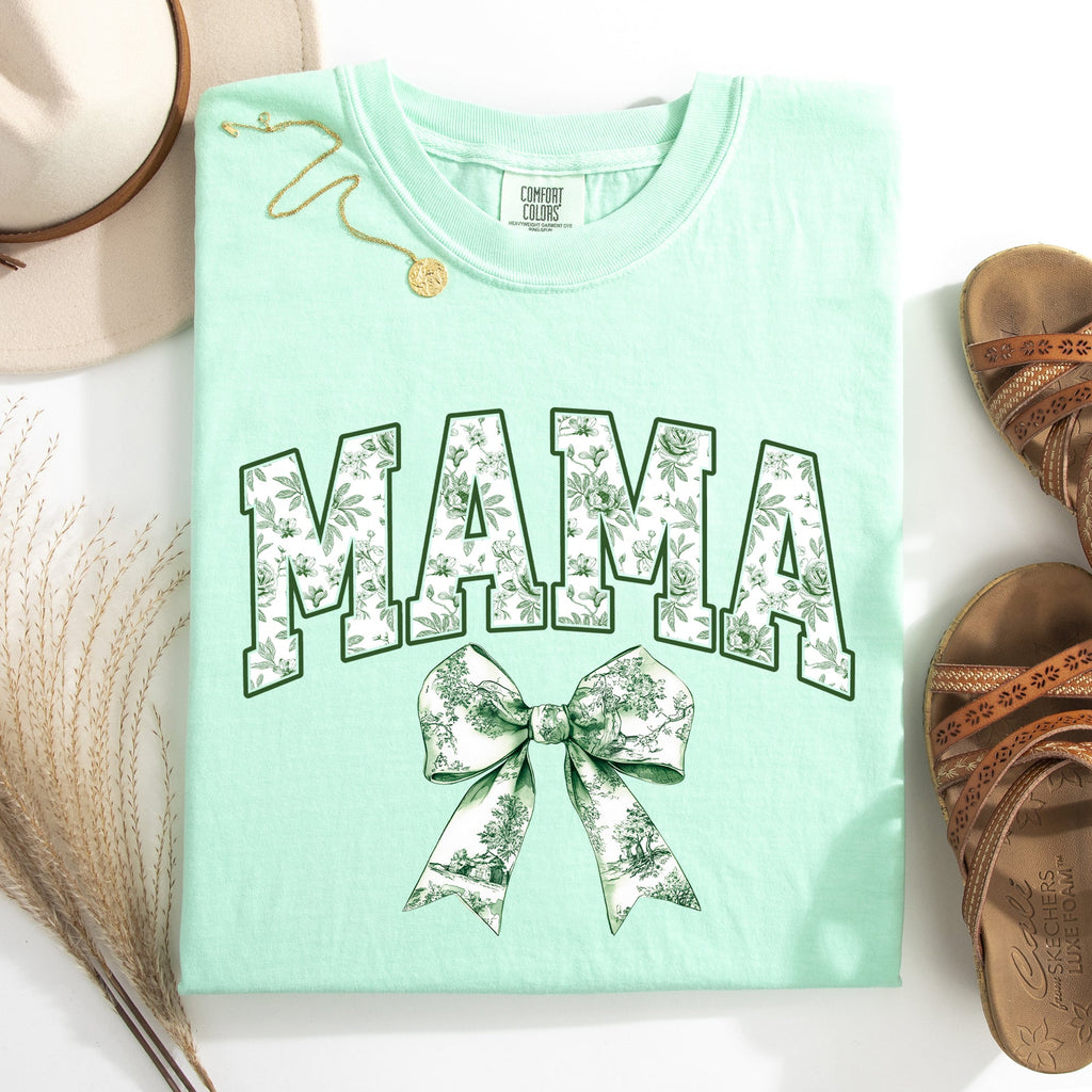 Mama Chinoiserie Coquette Bow Ribbon St Patrick's Day Shamrock Clover Lucky Leprechaun Comfort Colors Tee
