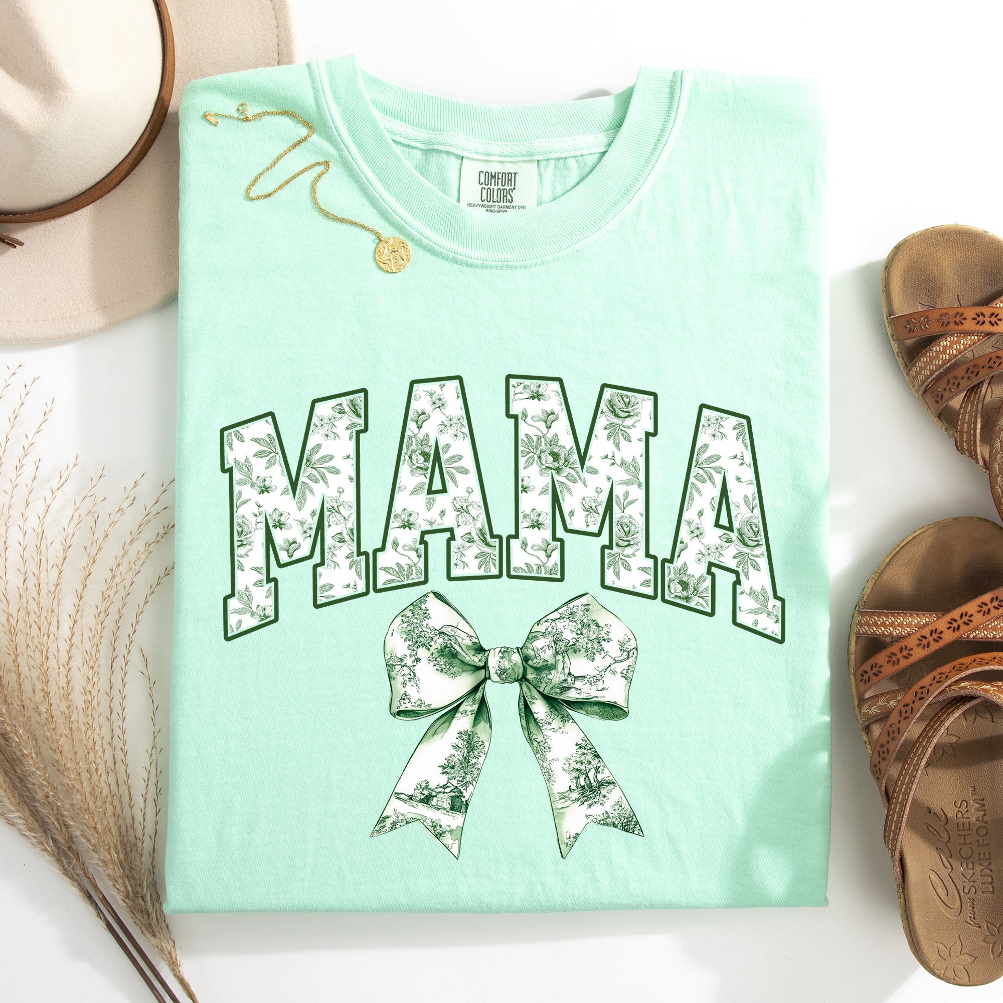 Mama Chinoiserie Coquette Bow Ribbon St Patrick's Day Shamrock Clover Lucky Leprechaun Comfort Colors Tee