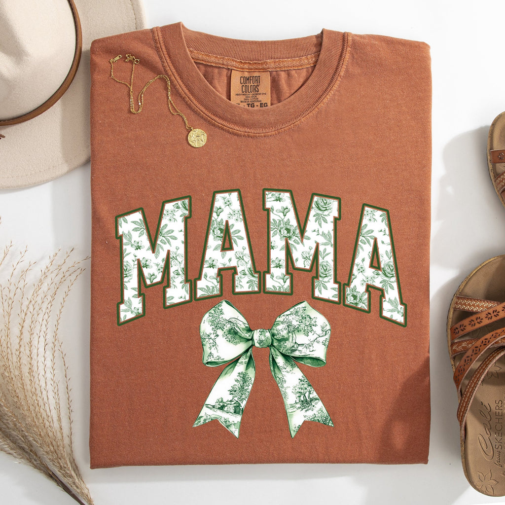 Mama Chinoiserie Coquette Bow Ribbon St Patrick's Day Shamrock Clover Lucky Leprechaun Comfort Colors Tee