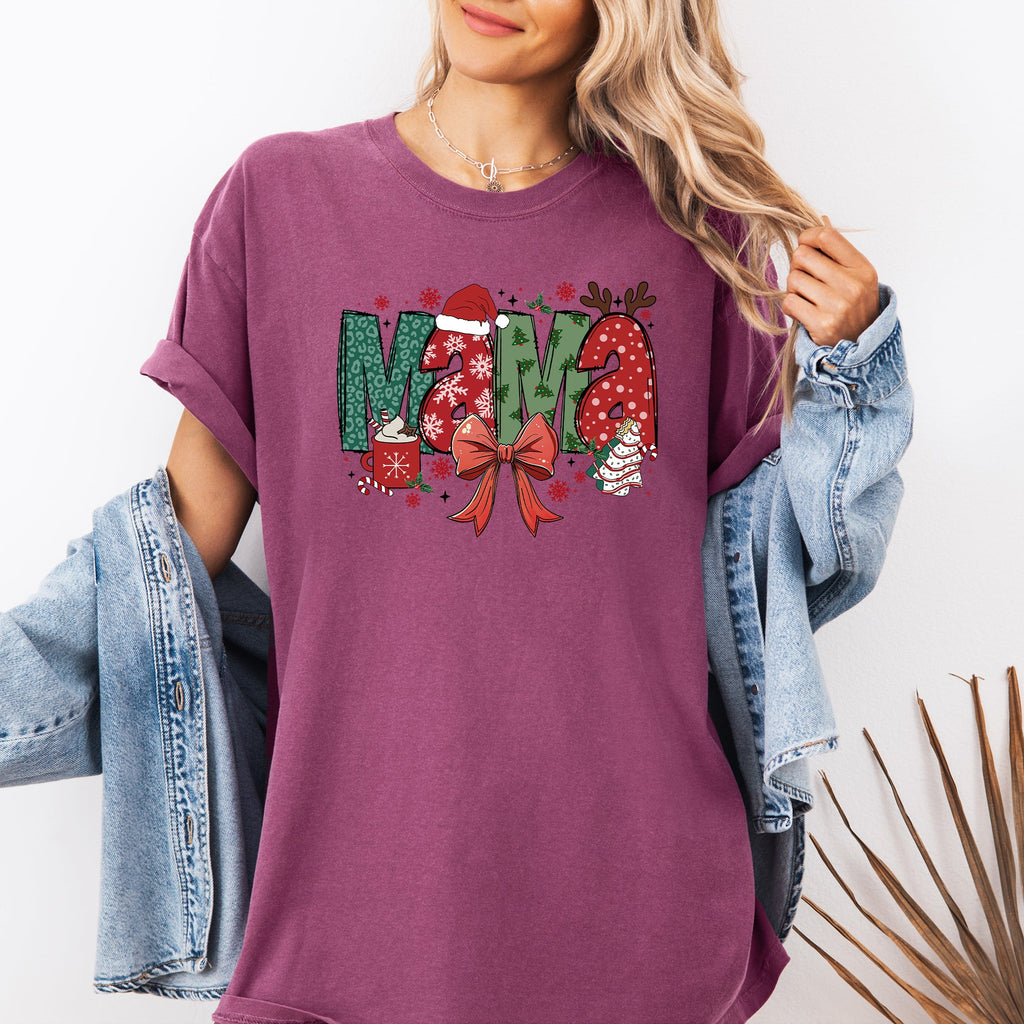 Mama Christmas Fun Reindeer Hot Chocolate Cake Holiday Family Theme Comfort Colors Tee