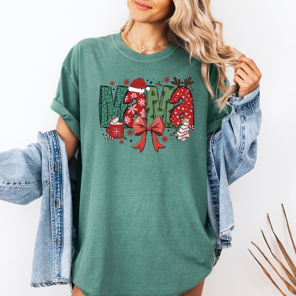 Mama Christmas Fun Reindeer Hot Chocolate Cake Holiday Family Theme Comfort Colors Tee
