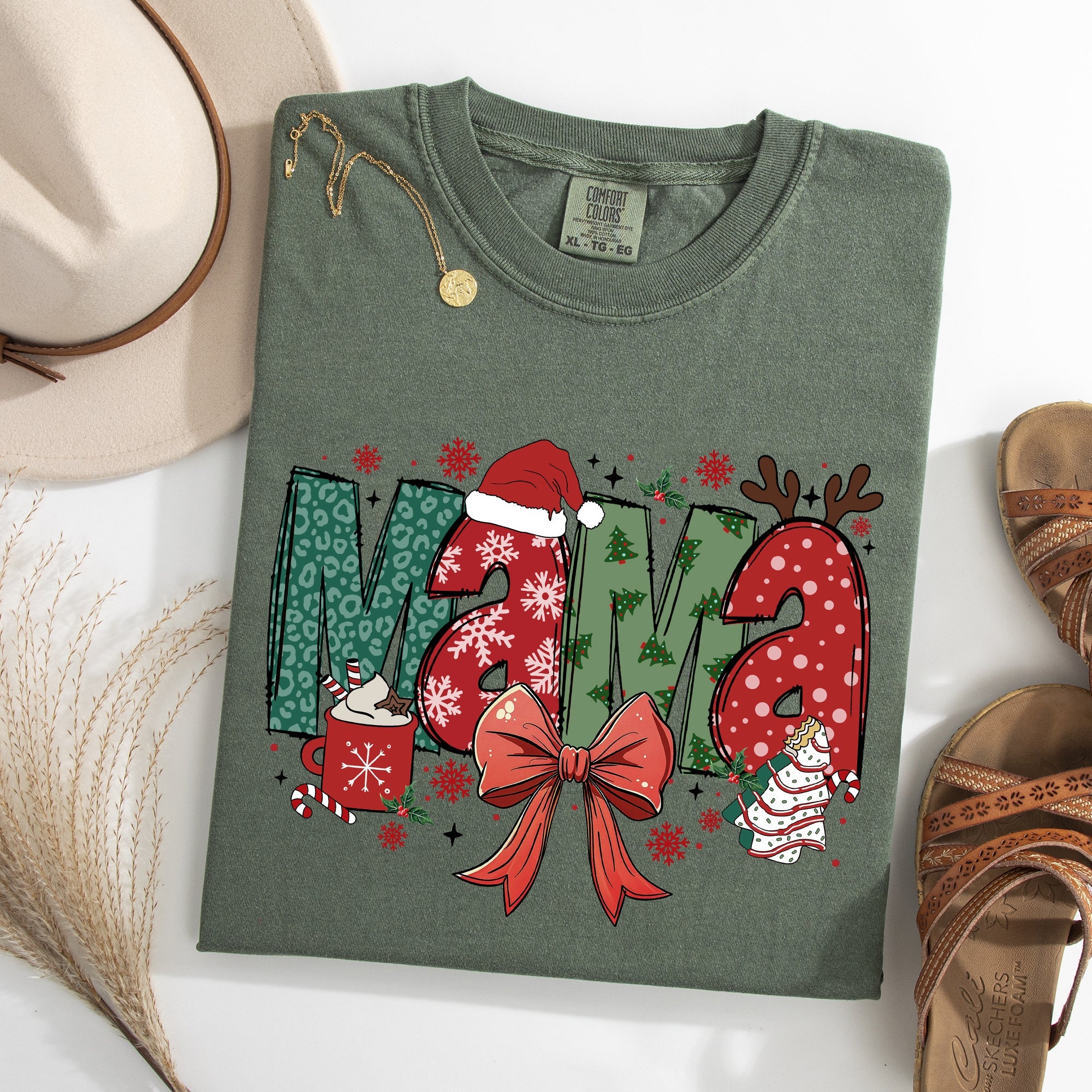 Mama Christmas Fun Reindeer Hot Chocolate Cake Holiday Family Theme Comfort Colors Tee