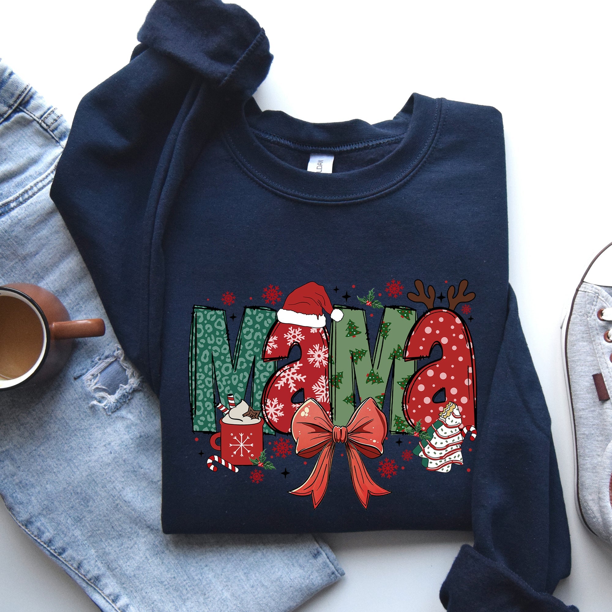Mama Christmas Fun Reindeer Hot Chocolate Cake Holiday Edition Cozy Festive Sweatshirt