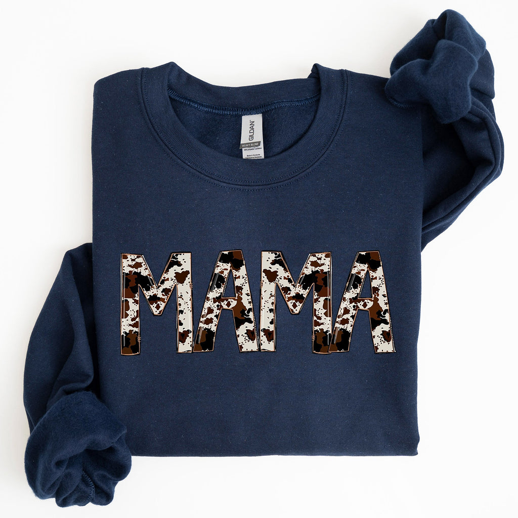 Mama Cow Print Mom Mother's Day Gift Cozy Cotton Blend Relaxed Fit Soft Brushed Interior Sweatshirt