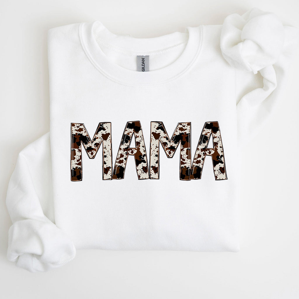 Mama Cow Print Mom Mother's Day Gift Cozy Cotton Blend Relaxed Fit Soft Brushed Interior Sweatshirt