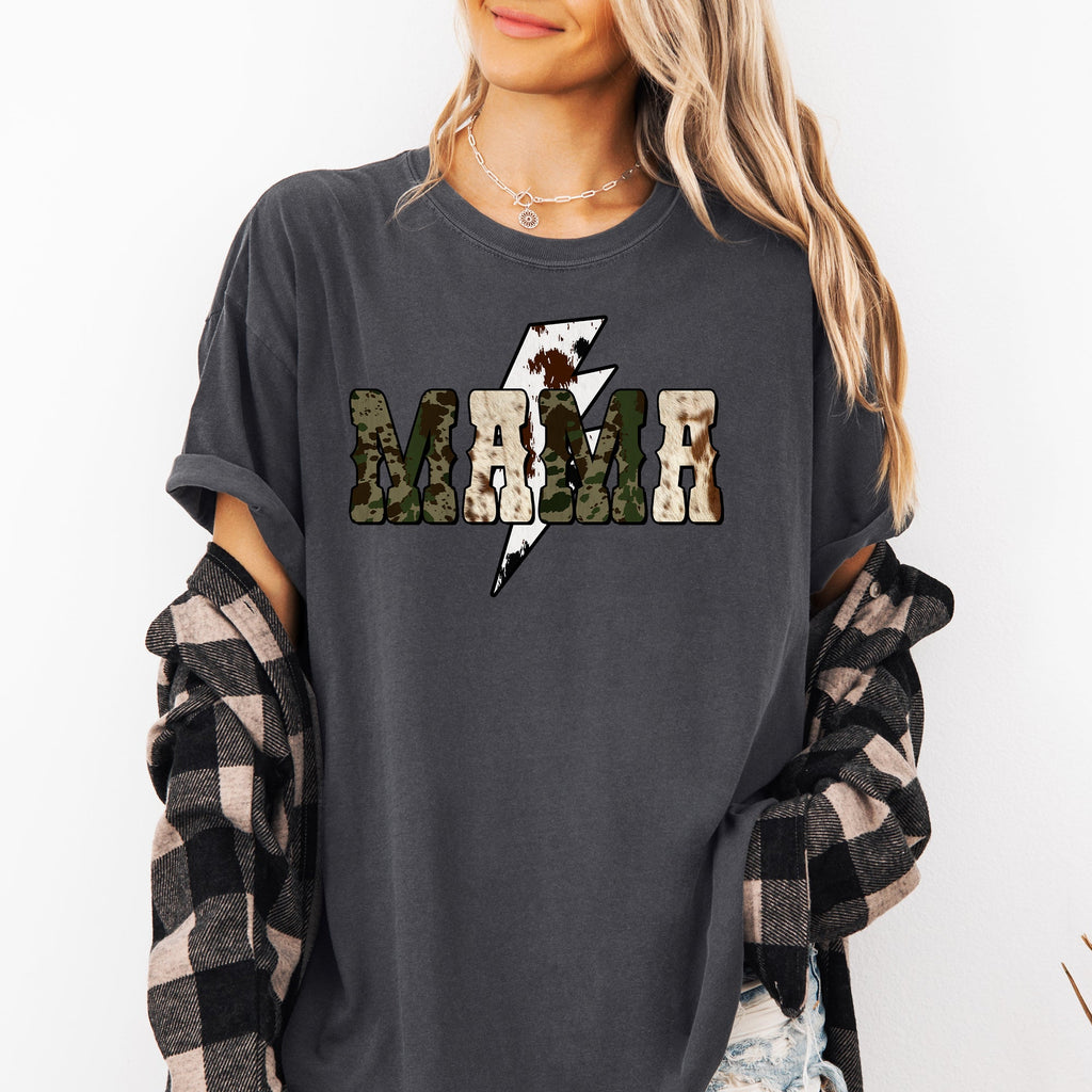 Mama Cow Print Checkered Lightning Bolt Retro Mother's Day Celebration Comfort Colors Tee
