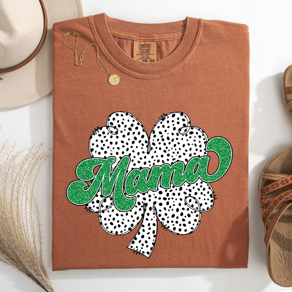 Mama Dalmatian Print St Patrick's Day Shamrock Clover Lucky Leprechaun Comfort Colors Tee