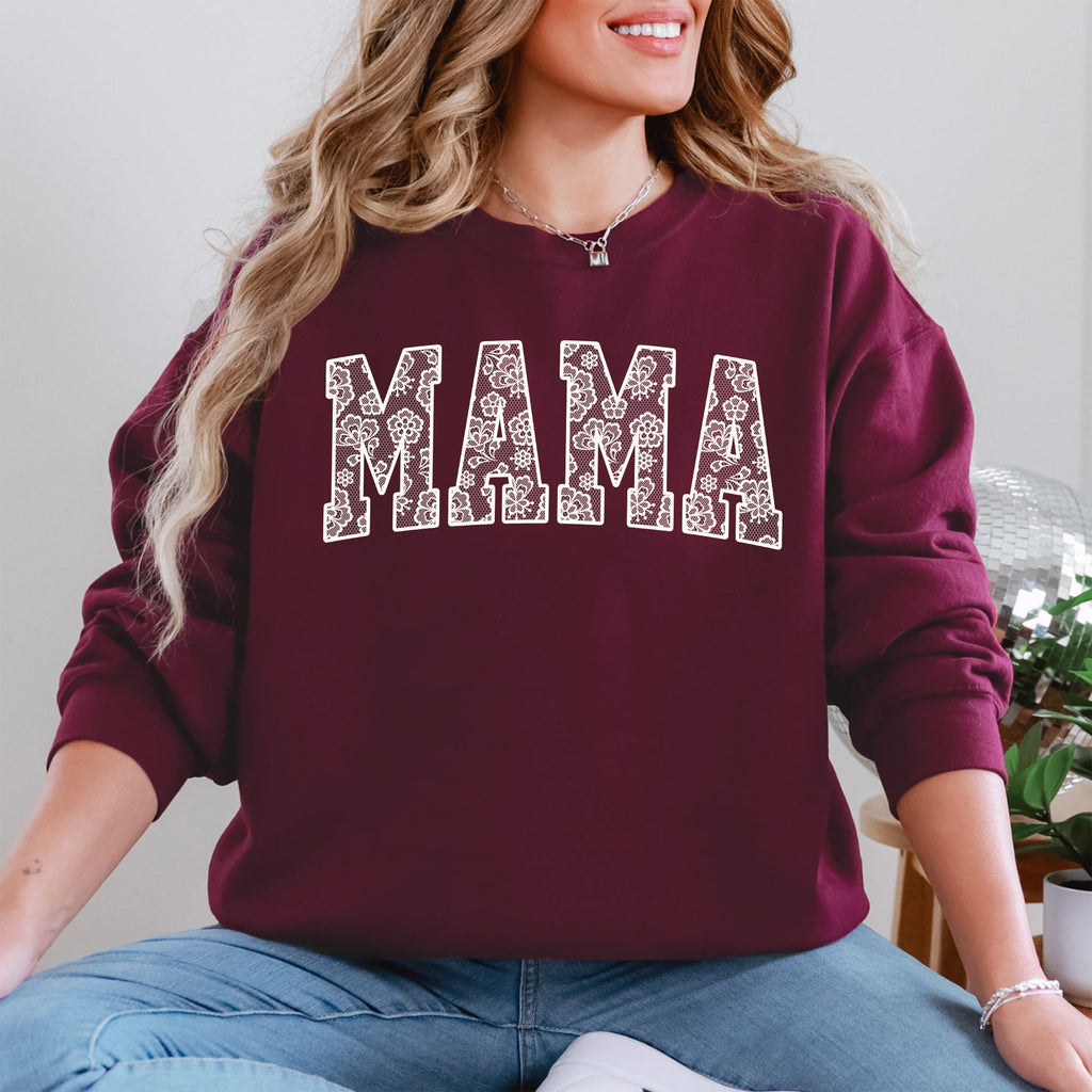Mama Faux Lace Coquette Varsity Sweatshirt Cotton-Blend Soft Fabric Everyday Essential