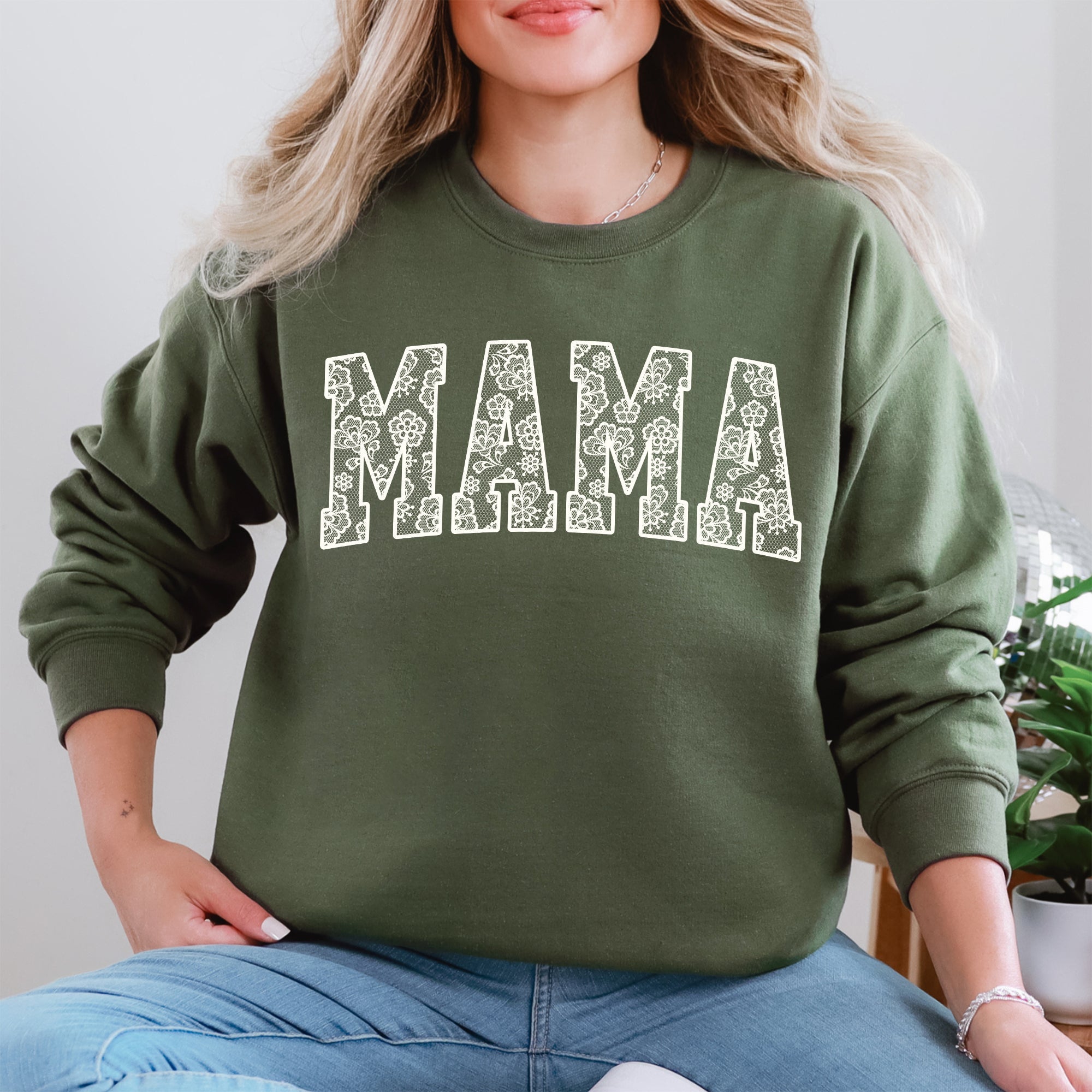 Mama Faux Lace Coquette Varsity Sweatshirt Cotton-Blend Soft Fabric Everyday Essential